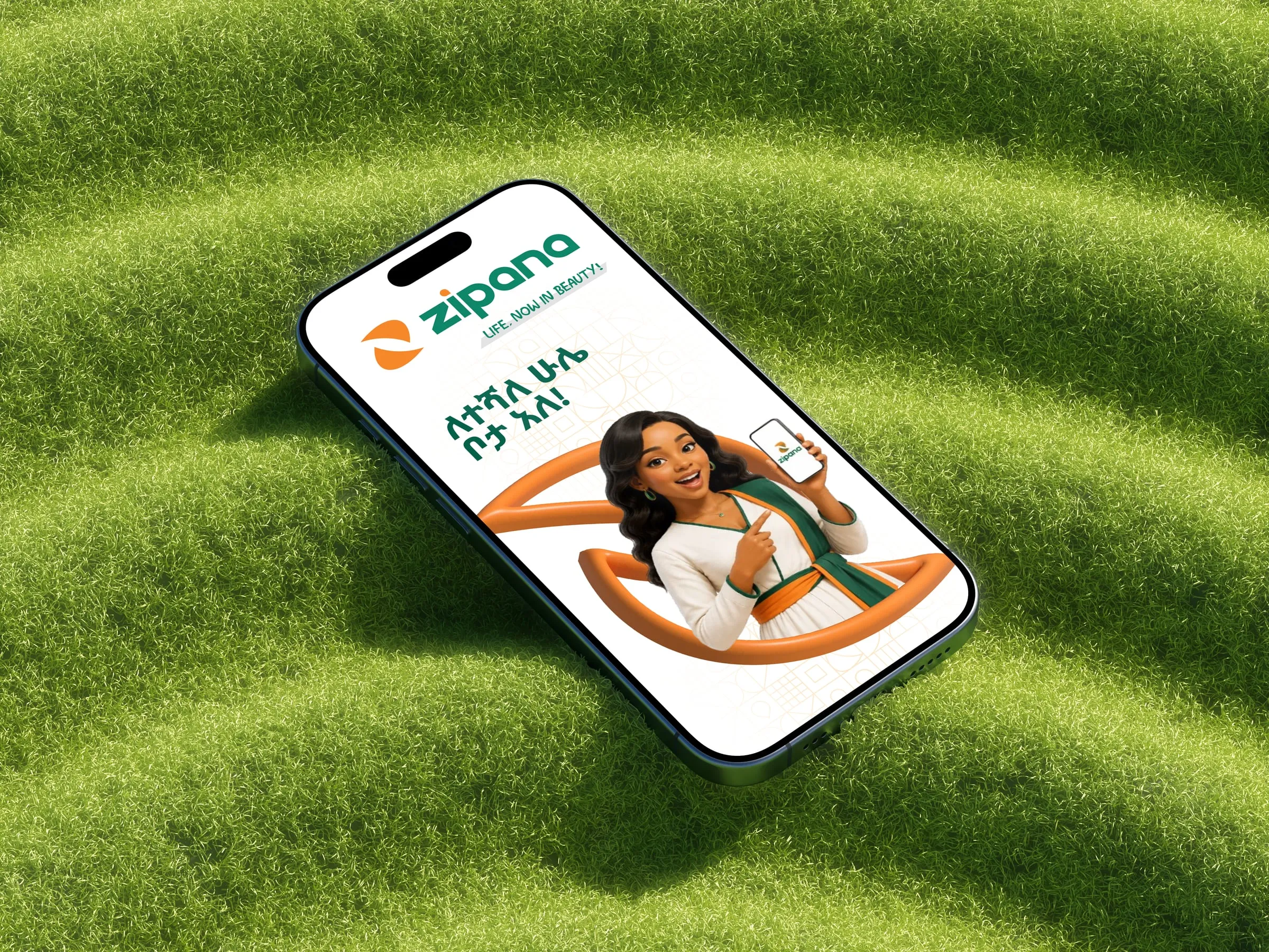 A phone lying on grass, showing the Zipana mobile app home screen
