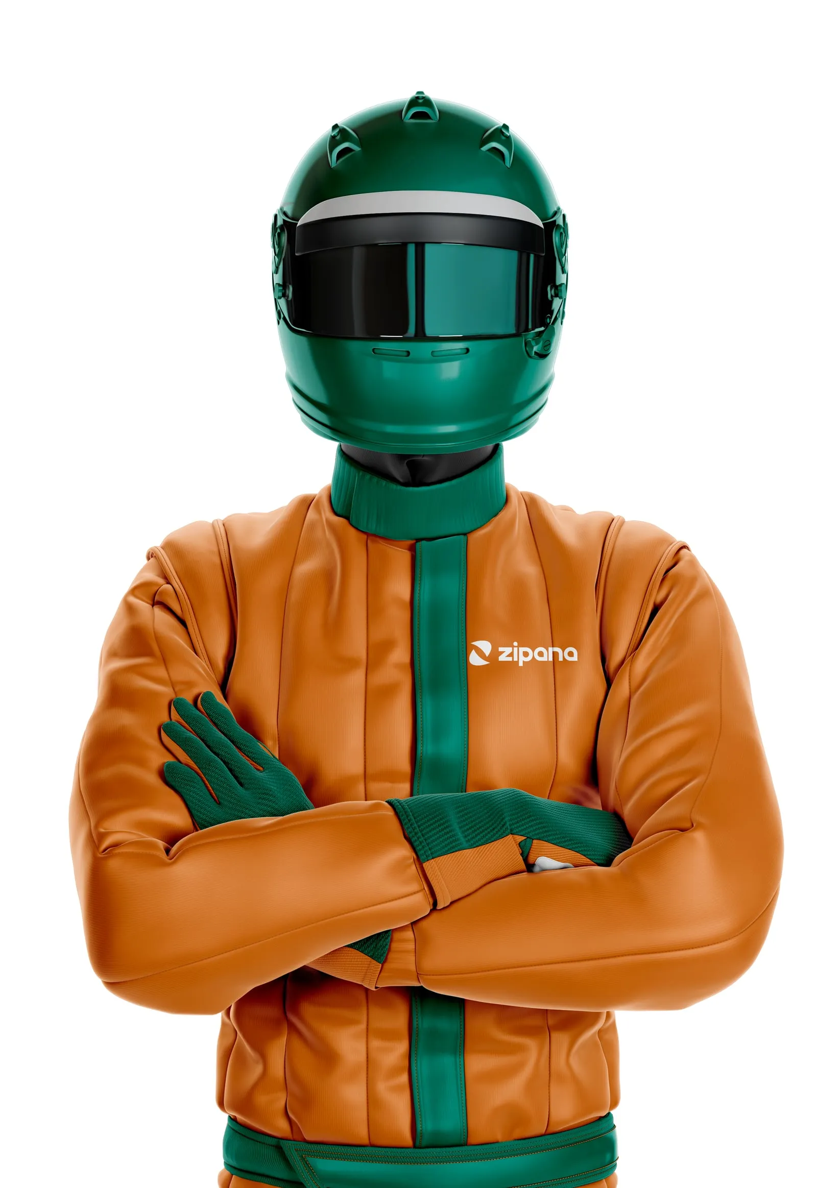 A delivery rider in an orange and green Zipana suit and helmet, arms crossed