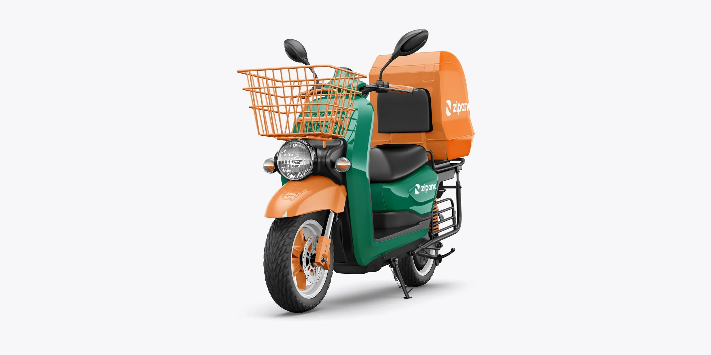 A green and orange Zipana delivery scooter with a basket and cargo box