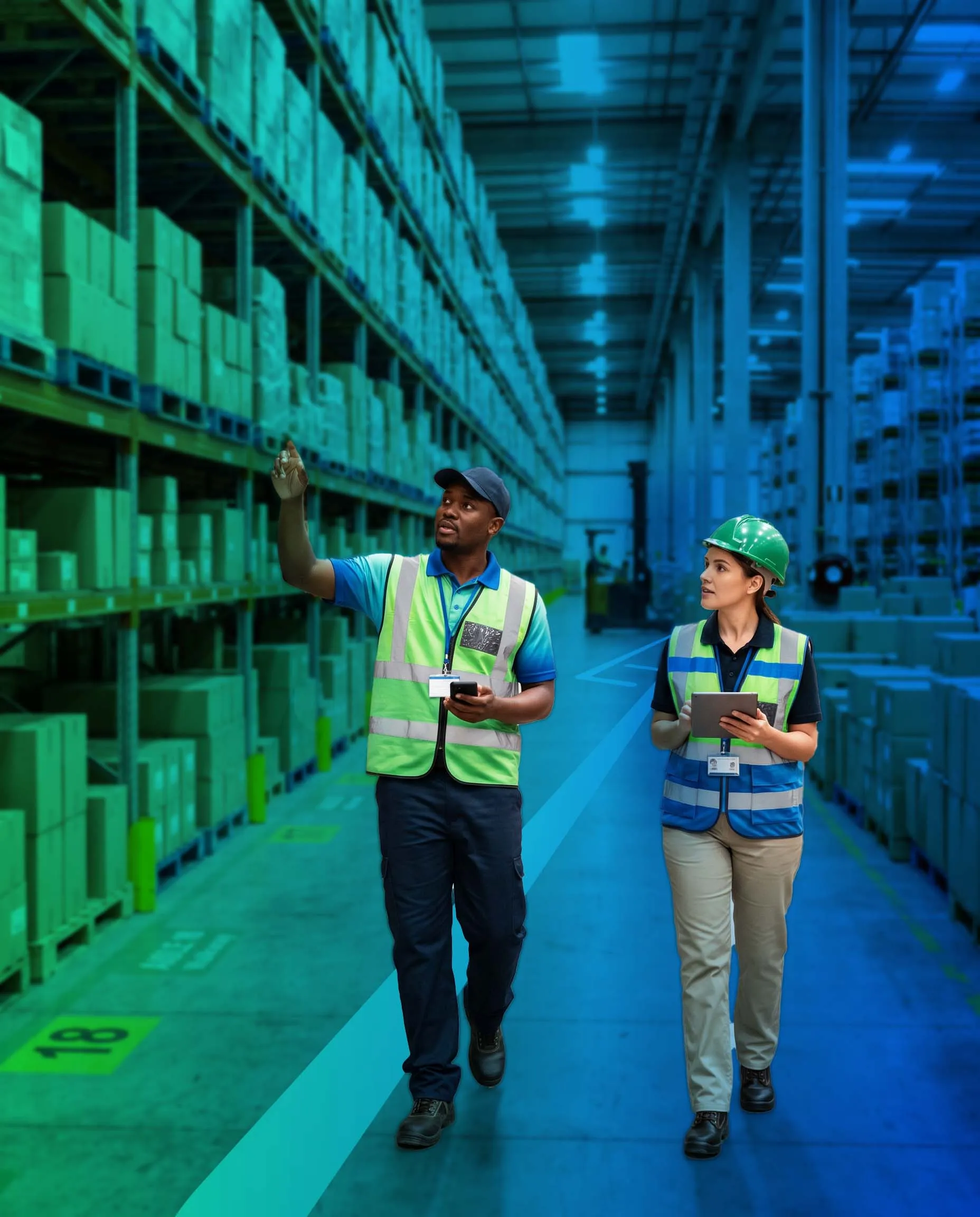 Two staff walk a warehouse aisle with tablets, checking stock